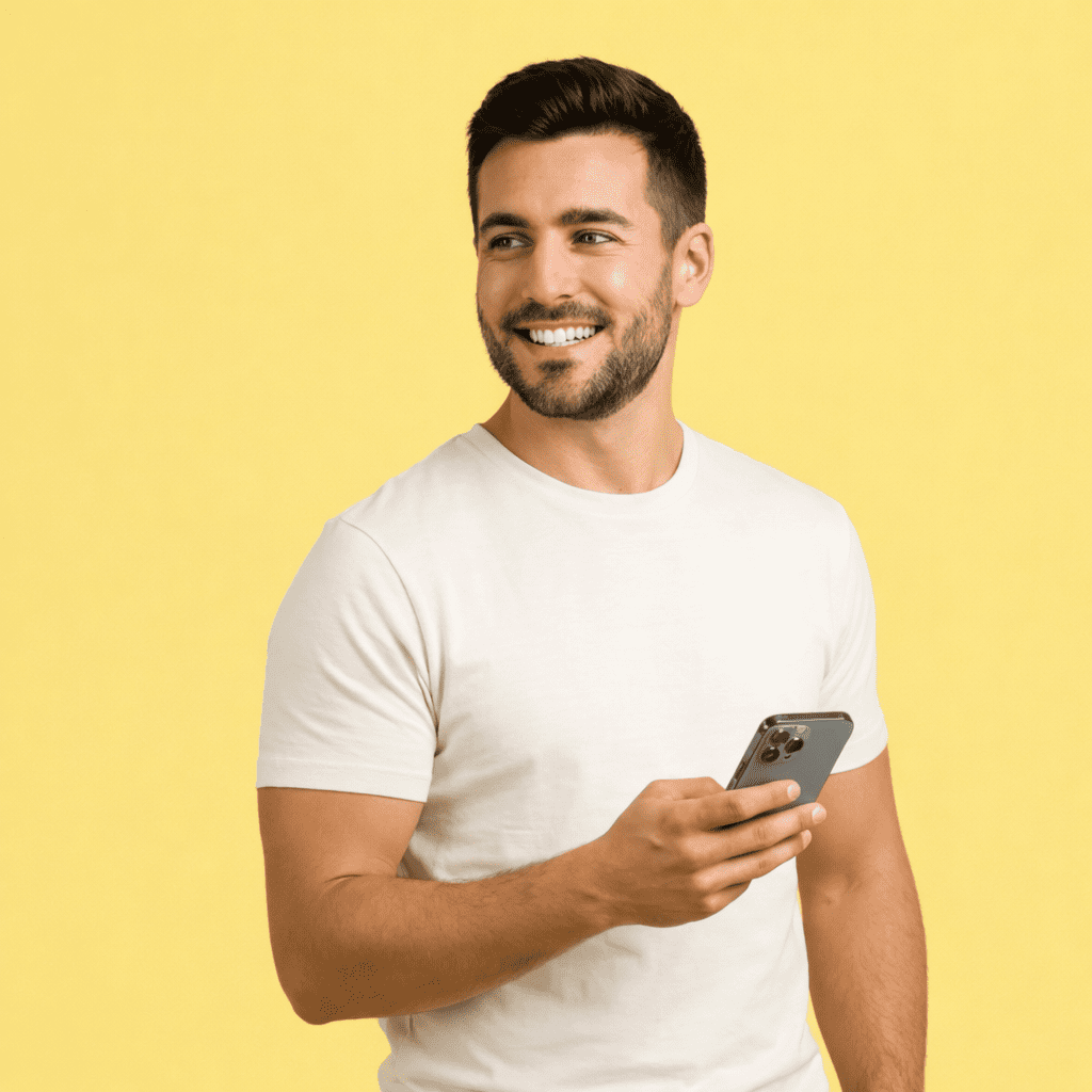 Empreendedor analisando métricas de automação com IA no smartphone para aumento de leads e vendas